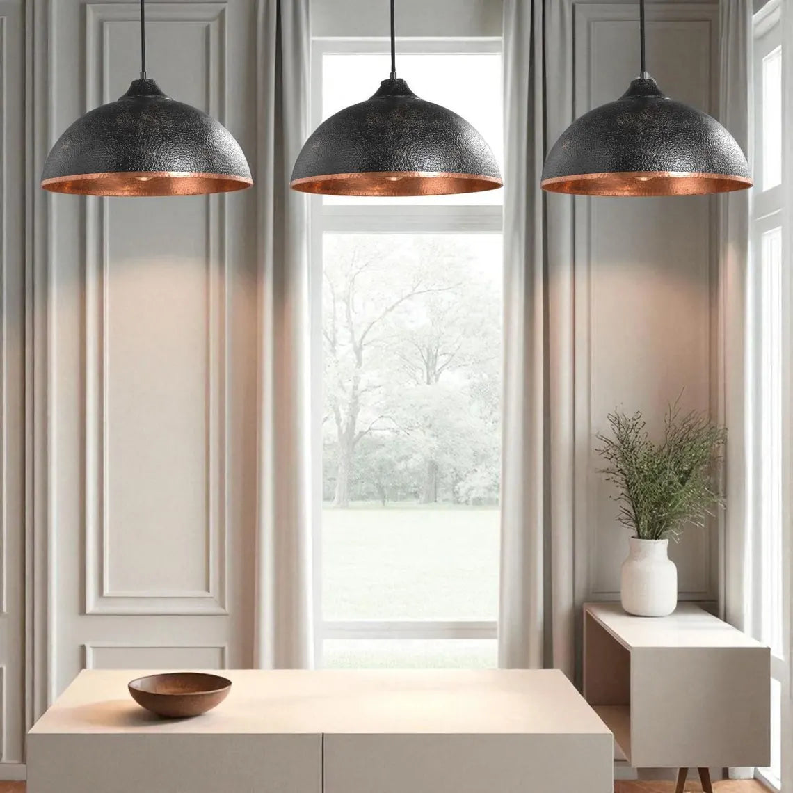 Hand-Hammered Black & Copper Dome Pendant Light - Industrial Ceiling Lamp