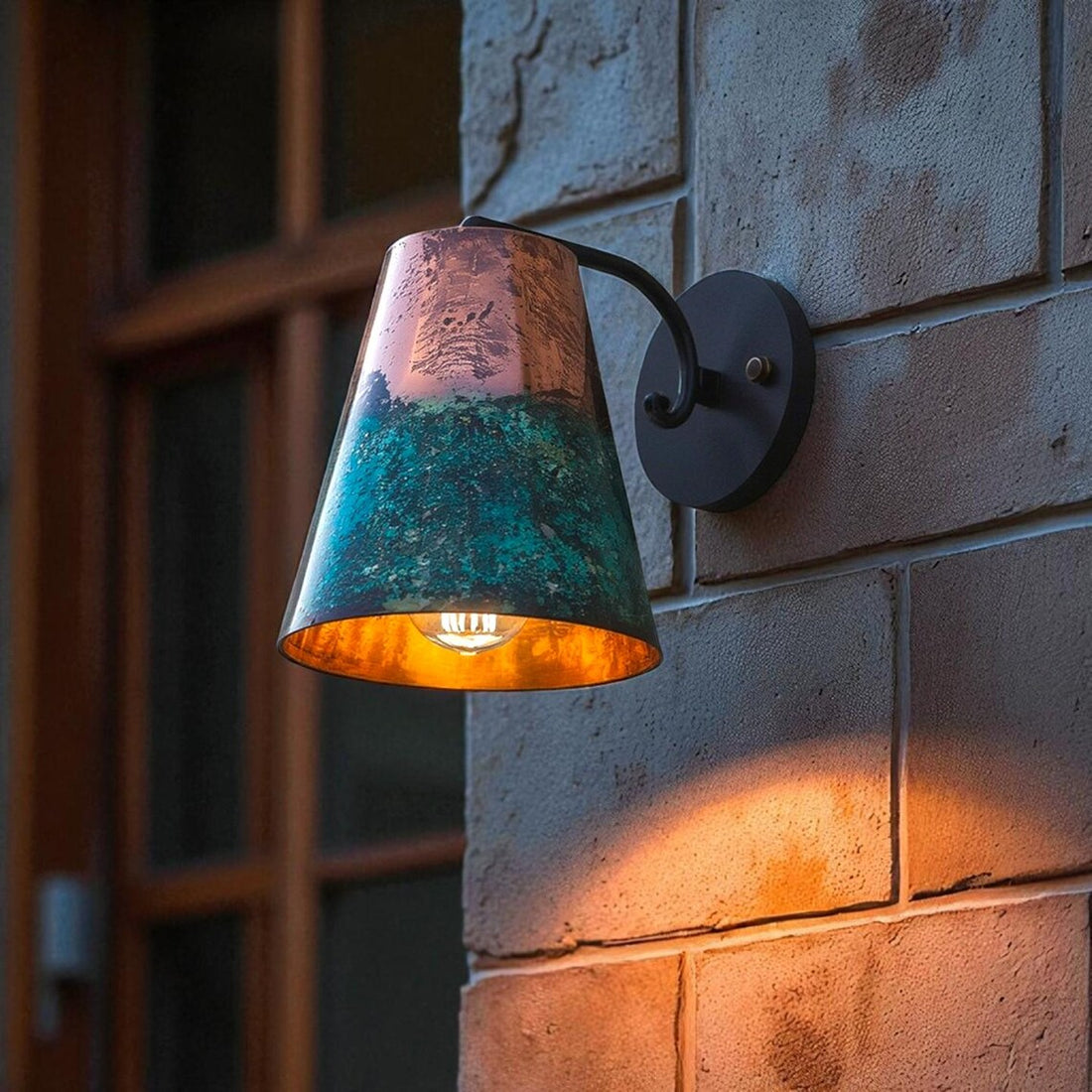 Hand-Hammered Conical Copper Wall Sconce - Blue-Green Patina Finish