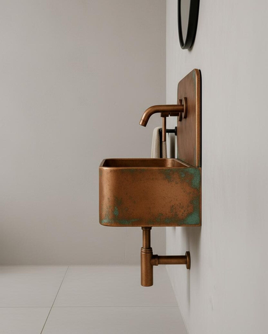 Wall-Mounted Rustic Copper Bathroom Sink - Industrial Patina Basin Set