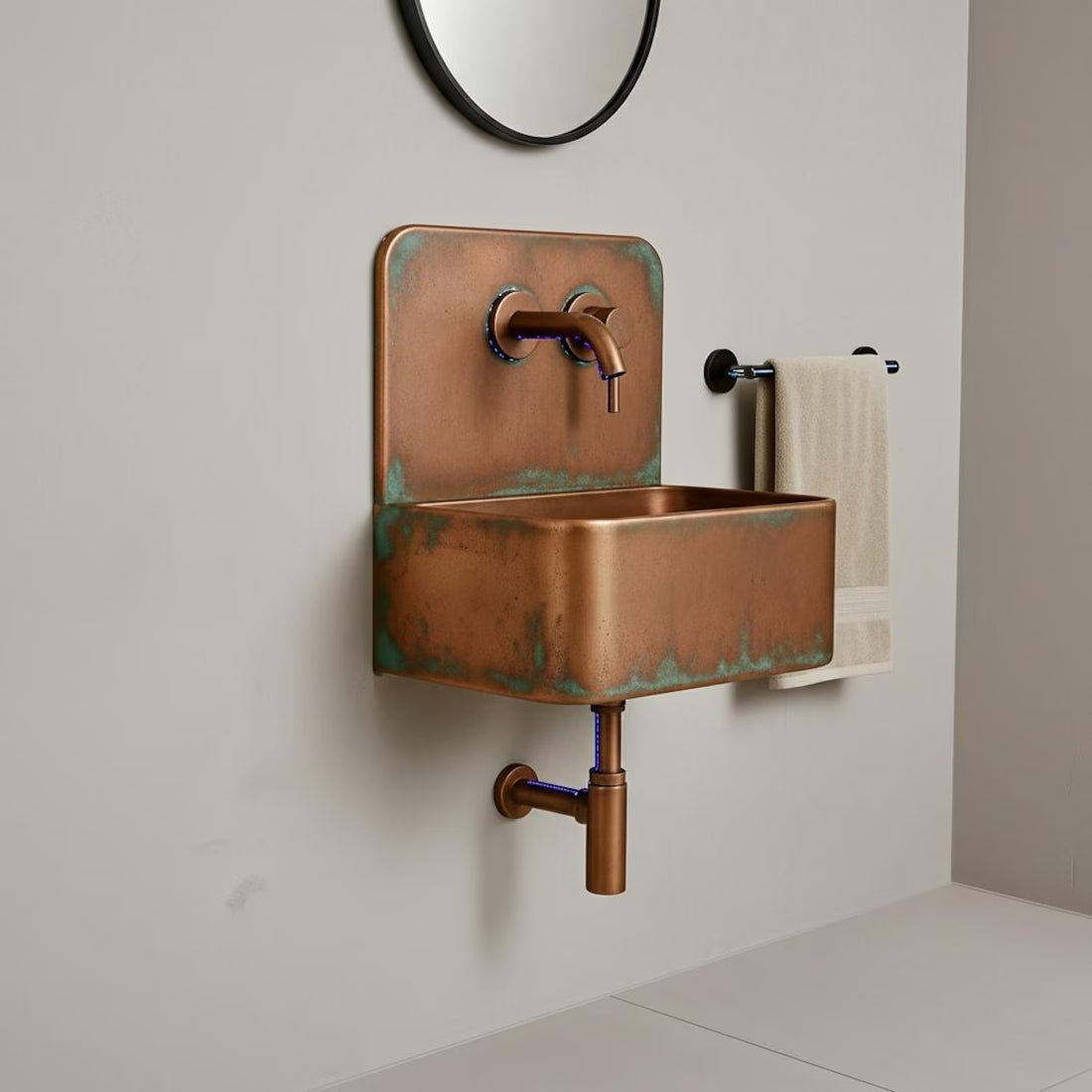 Wall-Mounted Rustic Copper Bathroom Sink - Industrial Patina Basin Set