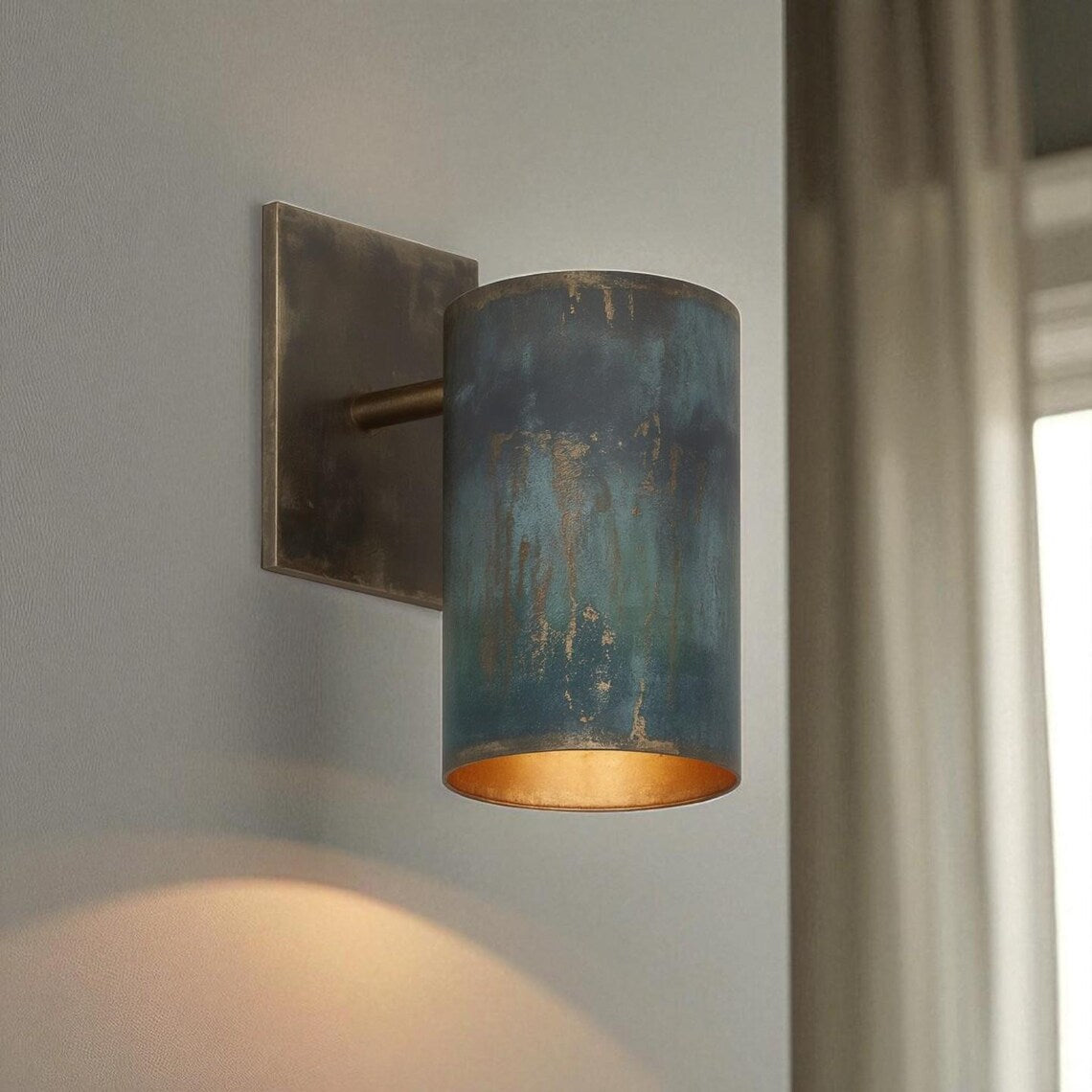 Hand-Hammered Copper Wall Sconce - Rustic Patina Cylinder Light