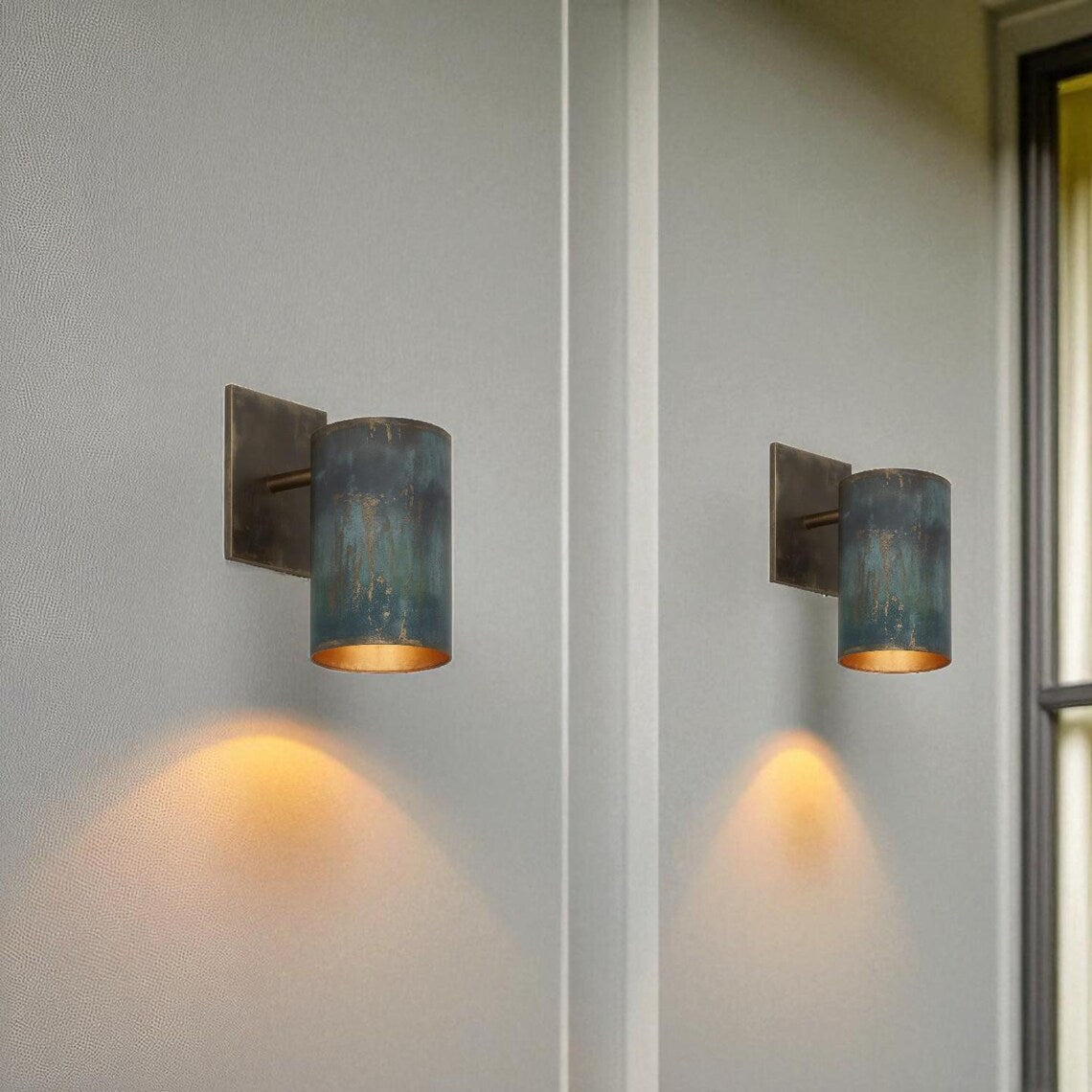 Hand-Hammered Copper Wall Sconce - Rustic Patina Cylinder Light