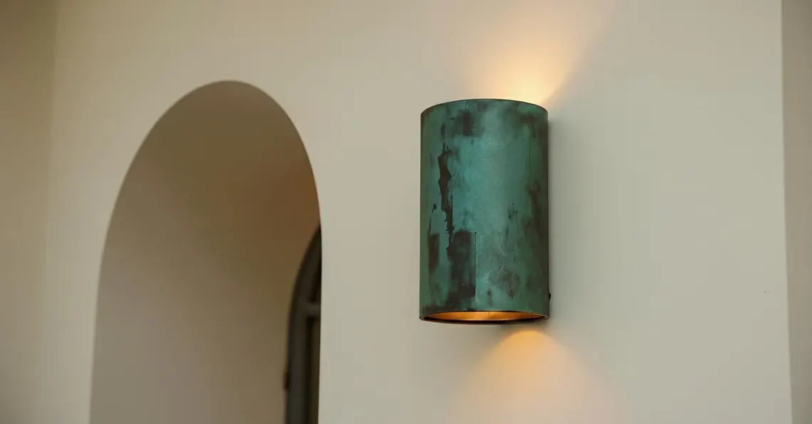 Handcrafted Green Patina Copper Wall Sconce - Modern Scandinavian Outdoor Up & Down Light