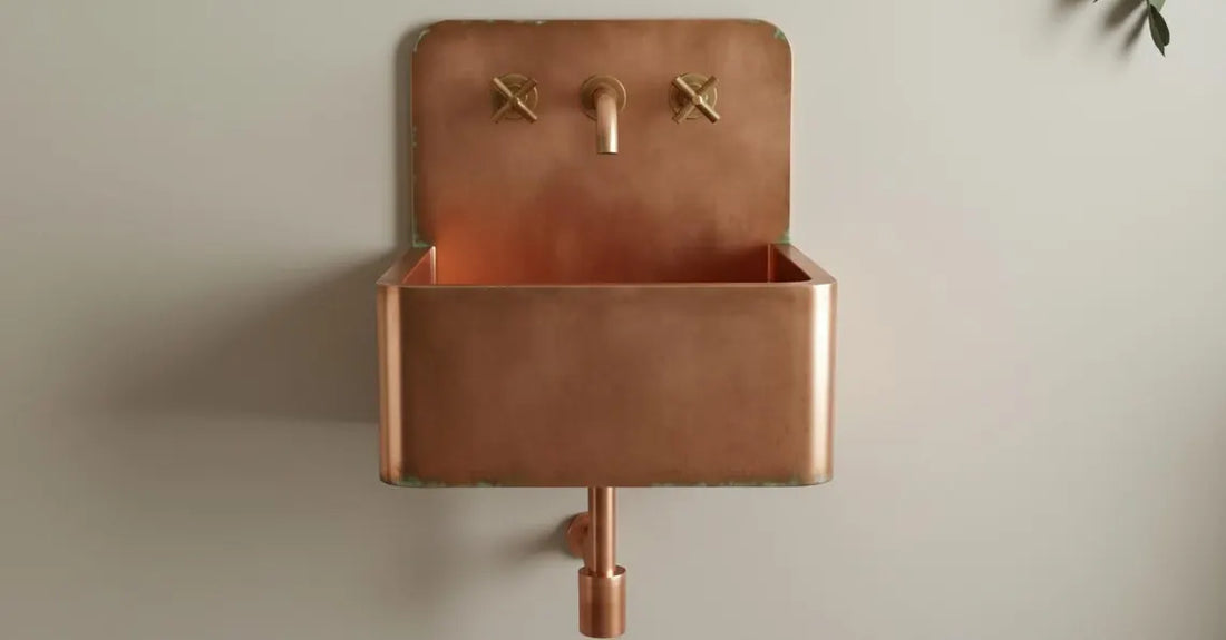 Hand-Hammered Copper Wall Mount Sink - Verdigris Edge Patina & Industrial Backplate