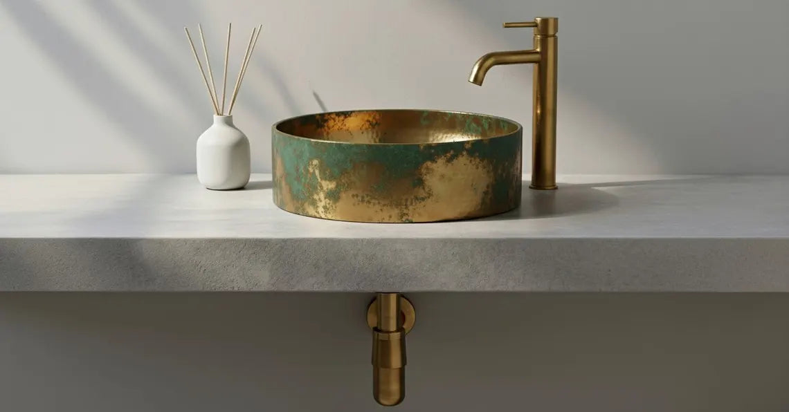 Hand-Hammered Green Patina Brass Vessel Sink - Vintage Luxury Bathroom Basin