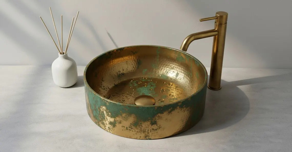 Hand-Hammered Green Patina Brass Vessel Sink - Vintage Luxury Bathroom Basin
