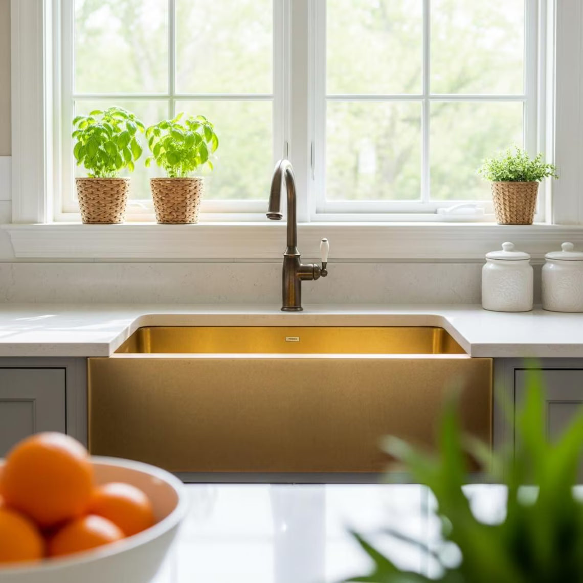 Handcrafted Brass Farmhouse Sink - Polished Apron Front Kitchen Basin
