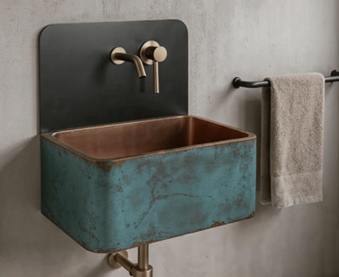 Handcrafted Wall-Mounted Blue Patina Copper Sink - Industrial Vanity Basin Set