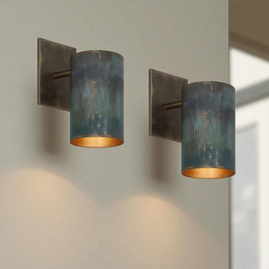 Hand-Hammered Copper Wall Sconce - Rustic Patina Cylinder Light