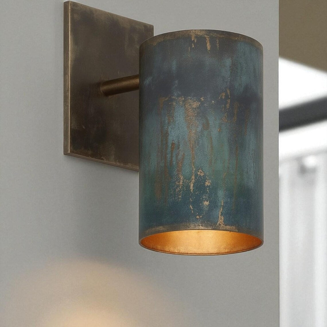 Hand-Hammered Copper Wall Sconce - Rustic Patina Cylinder Light
