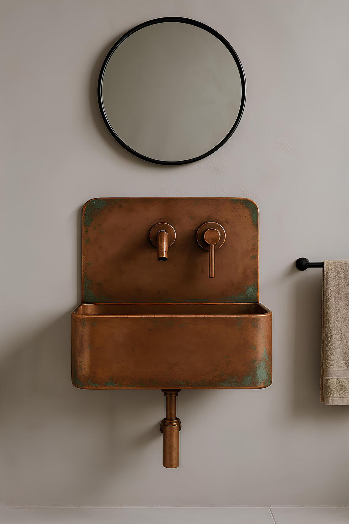 Wall-Mounted Rustic Copper Bathroom Sink - Industrial Patina Basin Set