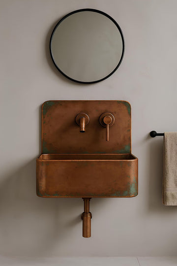 Wall-Mounted Rustic Copper Bathroom Sink - Industrial Patina Basin Set