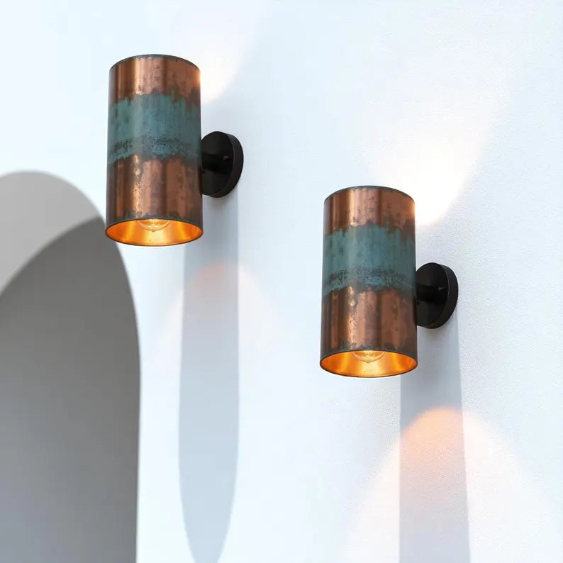 Hand-Hammered Copper Wall Sconce - Cylindrical Patina Design