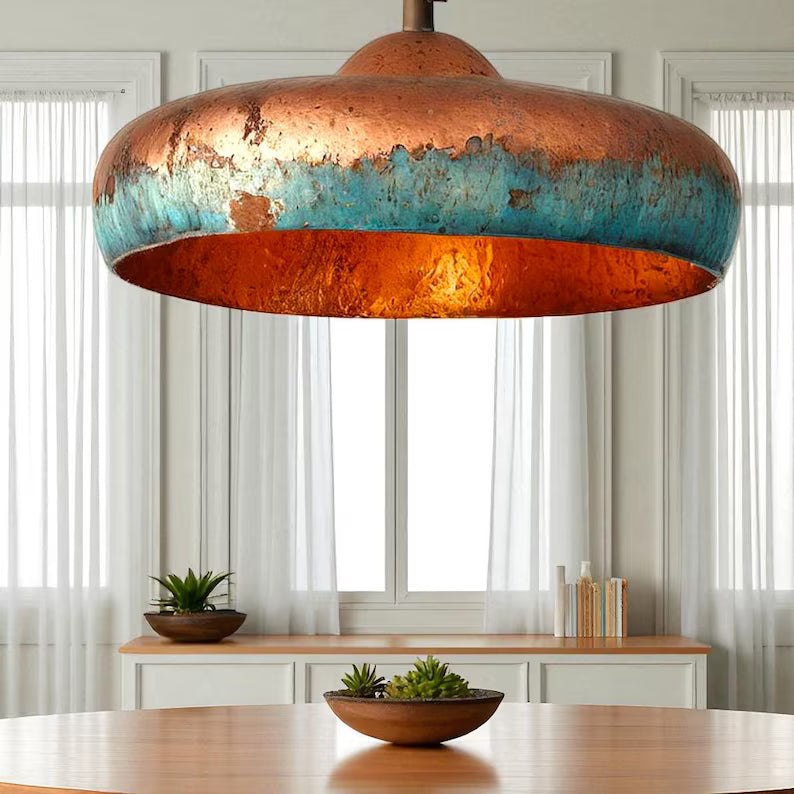 Hand-Hammered Copper Dome Pendant Light - Blue Patina Finish