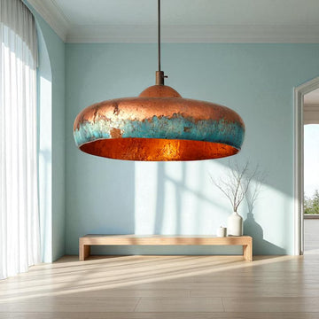 Hand-Hammered Copper Dome Pendant Light - Blue Patina Finish