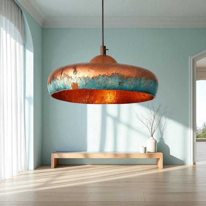 Hand-Hammered Copper Dome Pendant Light - Blue Patina Finish