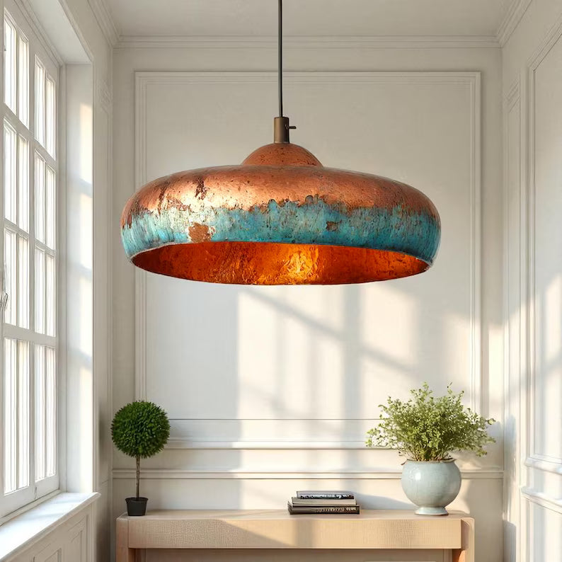 Hand-Hammered Copper Dome Pendant Light - Blue Patina Finish