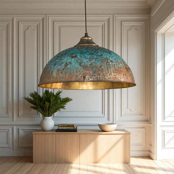 Hand-Hammered Brass Dome Pendant Light - Turquoise Patina Finish