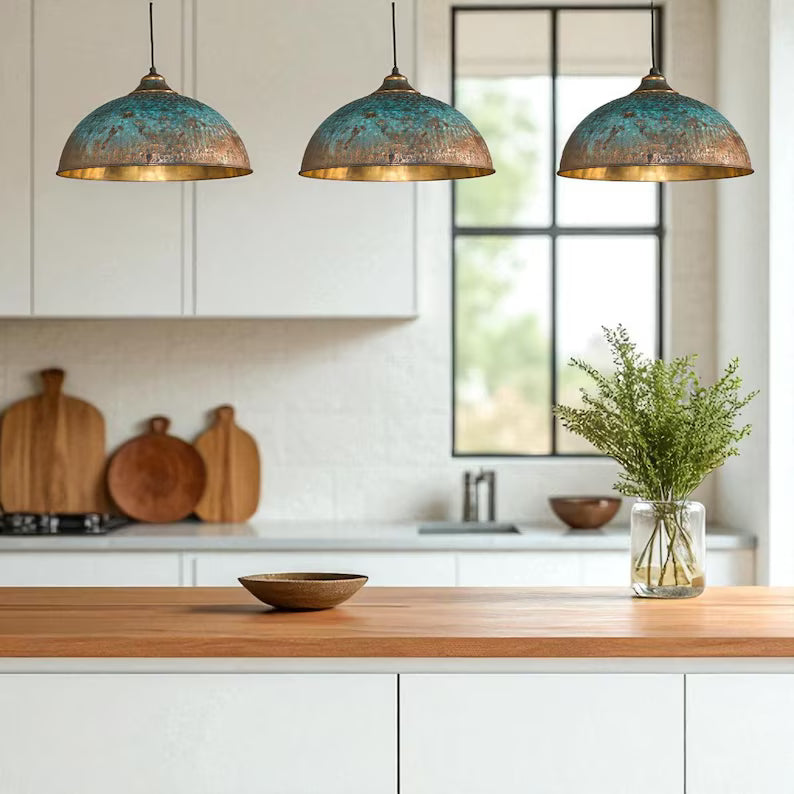 Hand-Hammered Brass Dome Pendant Light - Turquoise Patina Finish
