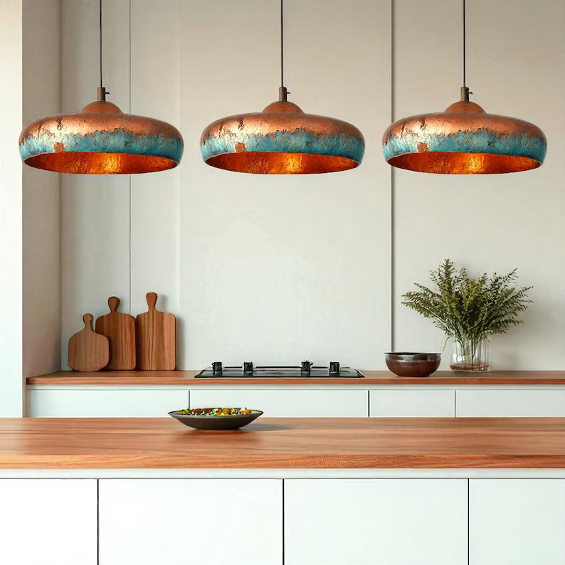 Hand-Hammered Copper Dome Pendant Light - Blue Patina Finish