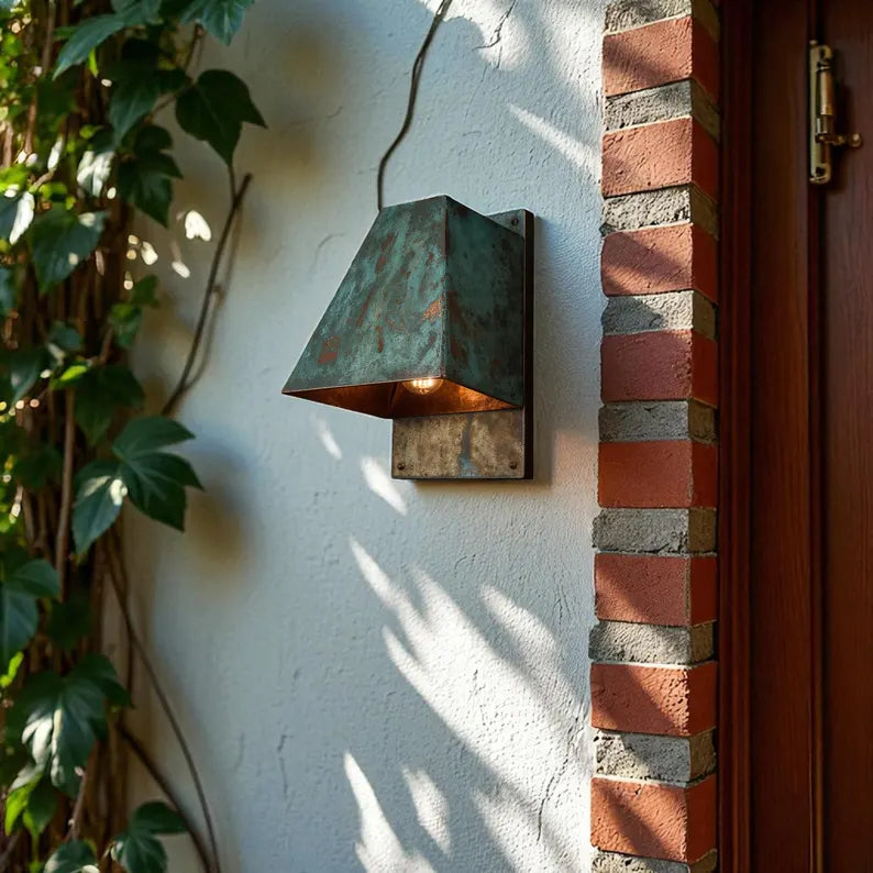 Hand-Hammered Oxidized Copper Wall Sconce - Blue-Green Patina