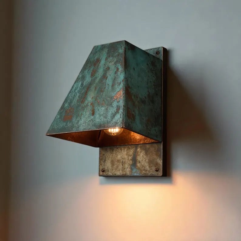 Hand-Hammered Oxidized Copper Wall Sconce - Blue-Green Patina