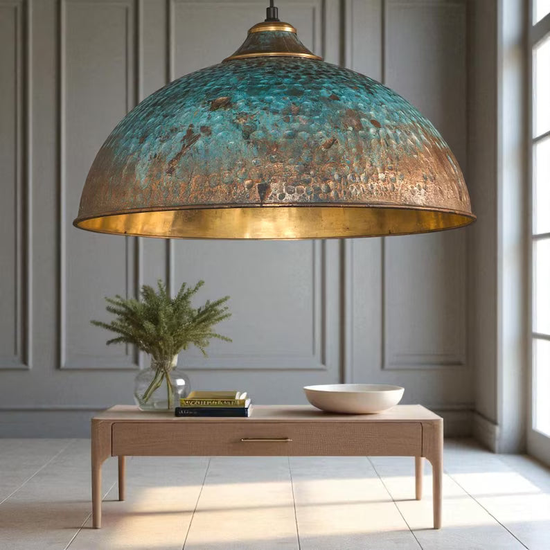 Hand-Hammered Brass Dome Pendant Light - Turquoise Patina Finish