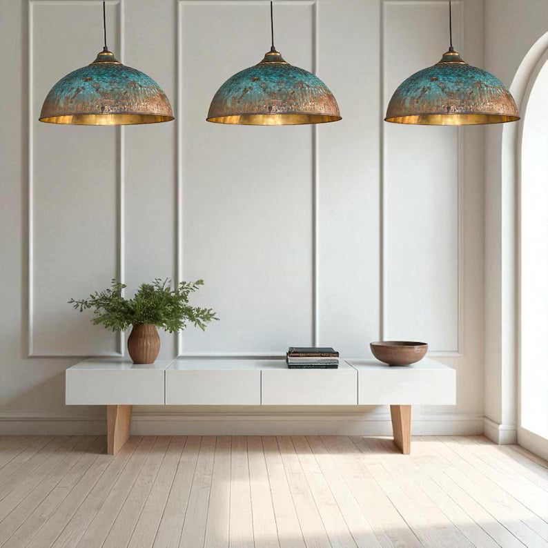 Hand-Hammered Brass Dome Pendant Light - Turquoise Patina Finish