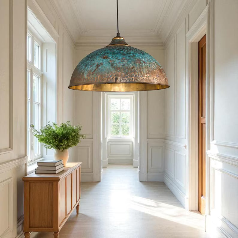 Hand-Hammered Brass Dome Pendant Light - Turquoise Patina Finish