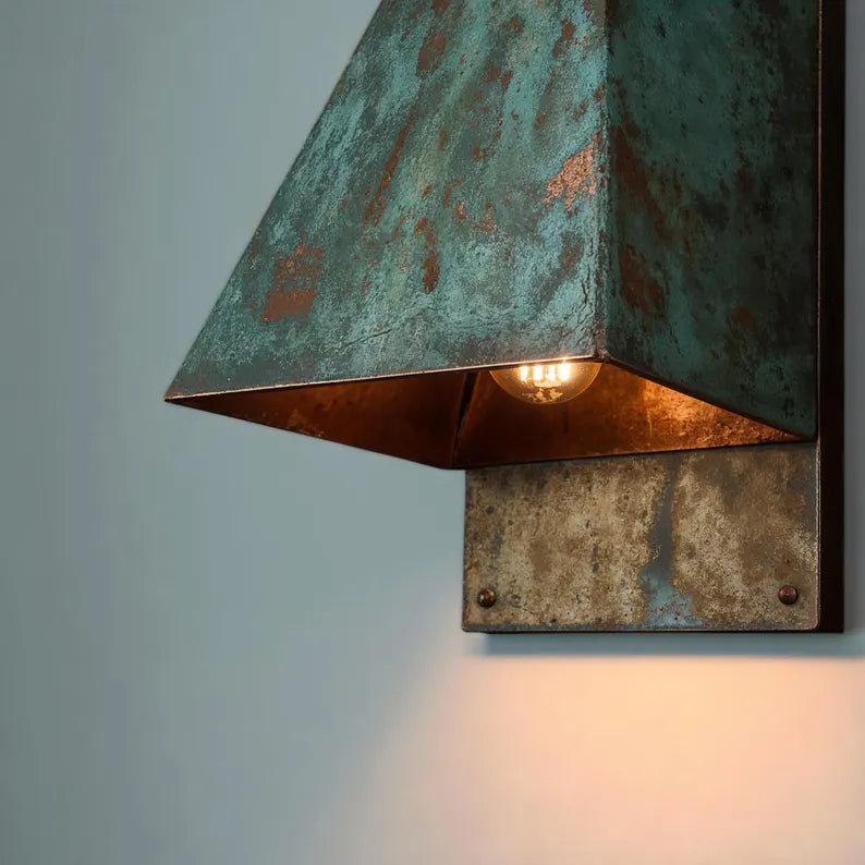 Hand-Hammered Oxidized Copper Wall Sconce - Blue-Green Patina
