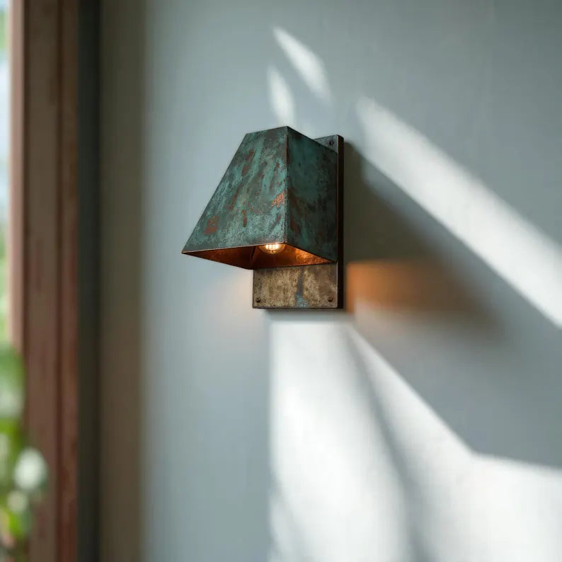 Hand-Hammered Oxidized Copper Wall Sconce - Blue-Green Patina