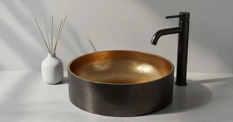 Hand-Hammered Black Patina Copper Vessel Sink - Golden Interior Contrast