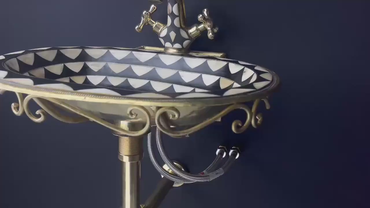 Geometric Bone Inlay Brass Sink Set - Unlacquered Brass & Black Resin